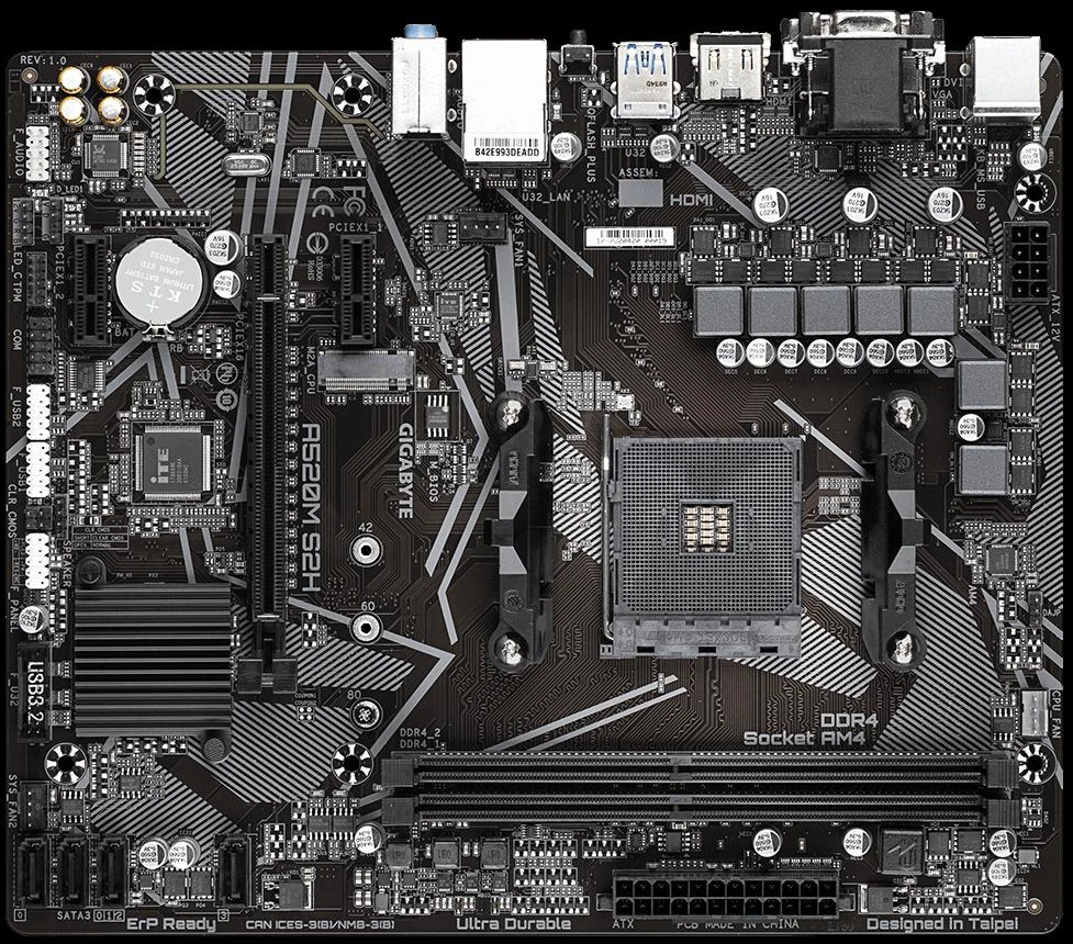 Pagrindinė plokštė Gigabyte A520M S2H, AM4, Micro-ATX, DDR4