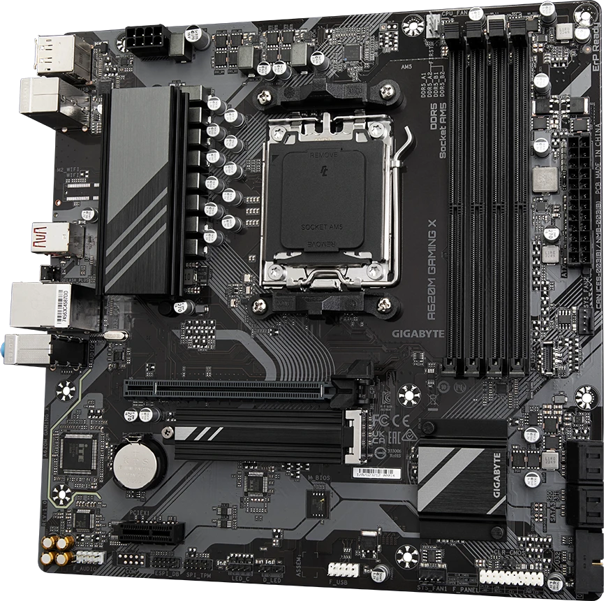 Pagrindinė plokštė Gigabyte Gigabaitas | A620M GAMING XG10 | Procesorių šeima AMD | Procesoriaus lizdas AM5 | DDR5 DIMM | Atminties lizdai 4 | Palaikomos standžiojo disko sąsajos SATA, M.2 | SATA jungčių skaičius 4 | Lustų rinkinys AMD A620 | Mikro ATX