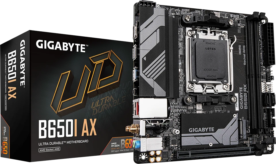 Pagrindinė plokštė „Gigabyte“ | B650I AX 1.0 | Procesorių šeima AMD | Procesoriaus lizdas AM5 | DDR5 DIMM | Palaikomos standžiojo disko sąsajos SATA, M.2 | SATA jungčių skaičius 2