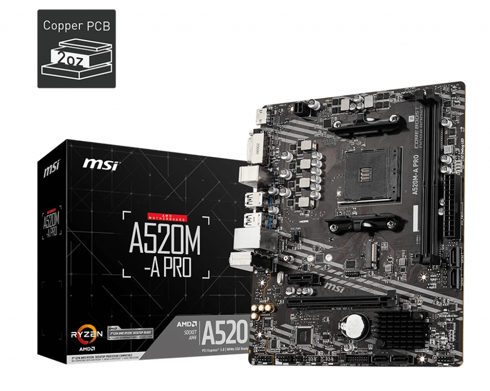 Pagrindinė plokštė MSI A520M-A PRO AM4 DDR4 1x M.2 4x SATA HDMI DVI-D M-ATX
