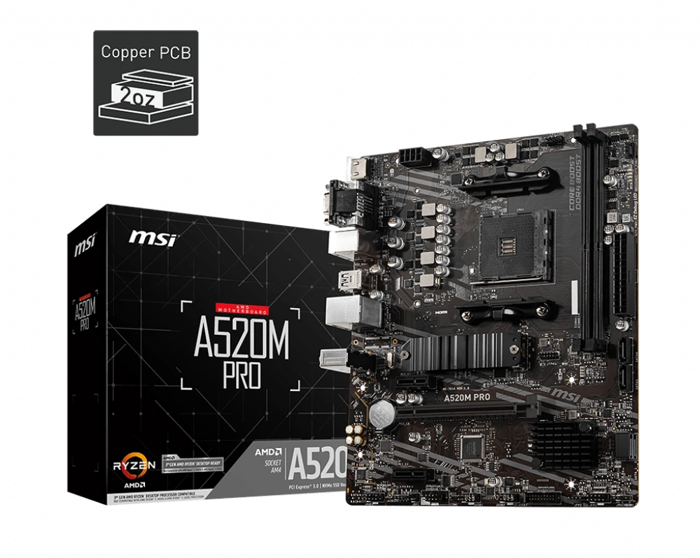 Pagrindinė plokštė MSI | A520M PRO | Processor family AMD | Processor socket AM4 | DDR4 | Atminties lizdai 2 | Chipset AMD A | Micro ATX