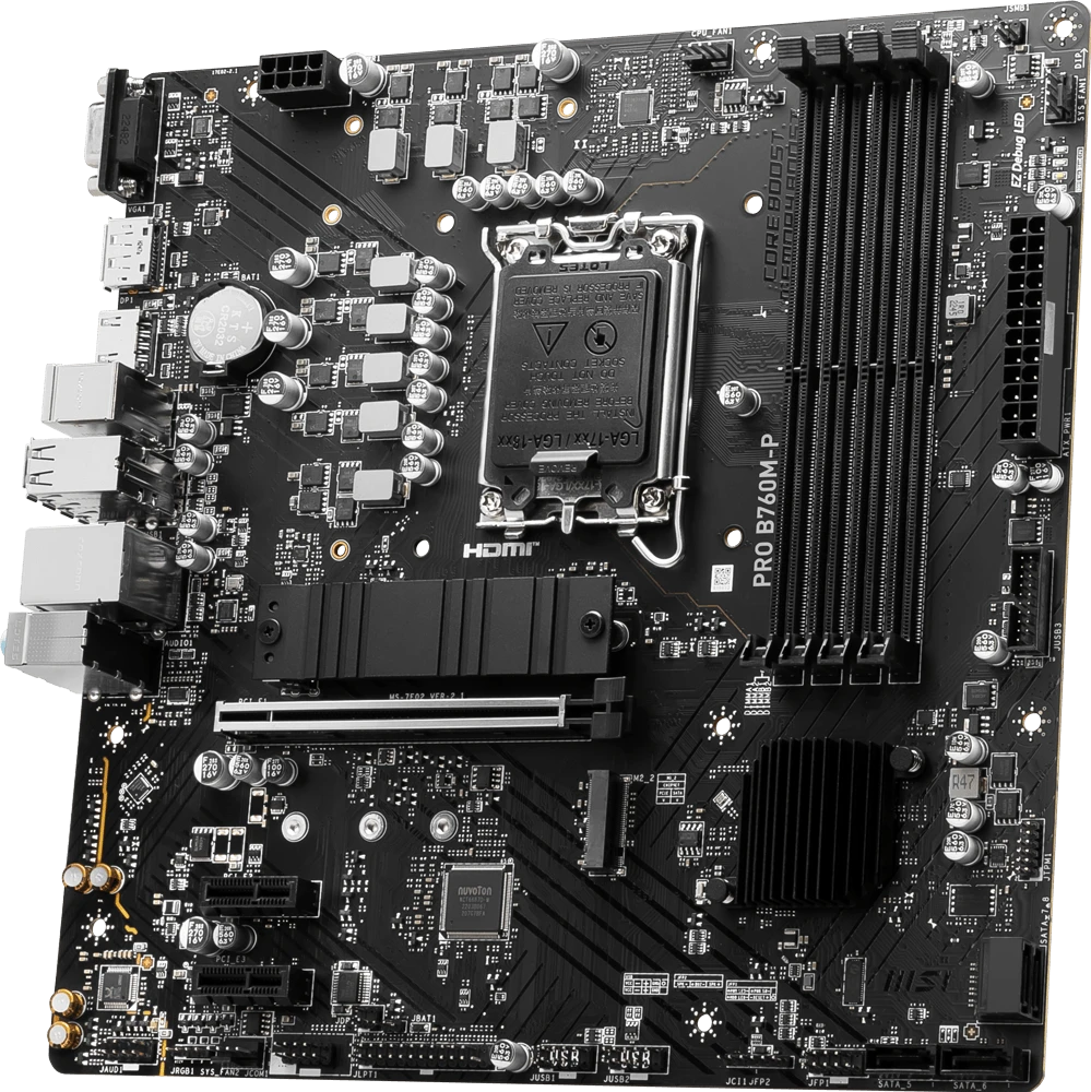 Pagrindinė plokštė MSI | PRO B760M-P | Procesorių šeima Intel | Procesoriaus lizdas LGA1700 | DDR5 DIMM | Atminties lizdai 4 | Palaikomos standžiojo disko sąsajos SATA, M.2 | SATA jungčių skaičius 4 | Mikroschemų rinkinys Intel B760 | mATX