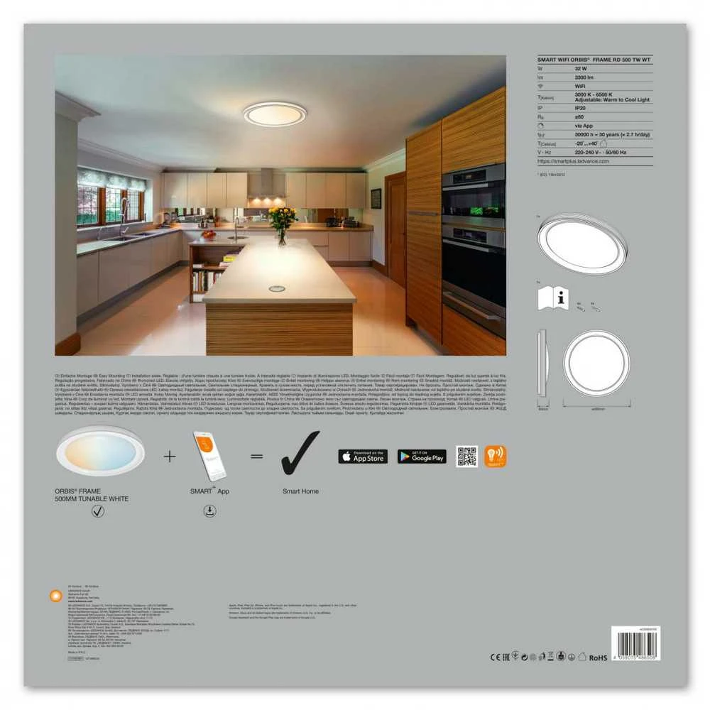 Lubinis šviestuvas Ledvance SMART+ WiFi Lubinis rėmelis Derinamas Baltas 32W 110° 3000-6500K 495mm, Baltas