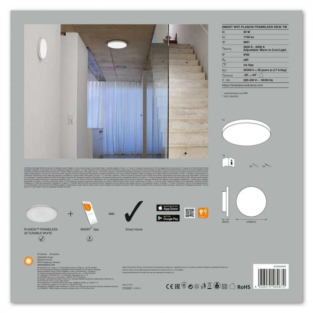 Ledvance SMART+ WiFi Planon berėmės apvalus derinamas Baltas 20W 110° 3000-6500K 300mm, Baltas | Ledvance | SMART+ WiFi Planon berėmė apvalus derinamas Baltas 20W 110° 3000-6500K | 20 W | Derinamas Baltas 3000-6500K | Bevielis internetas
