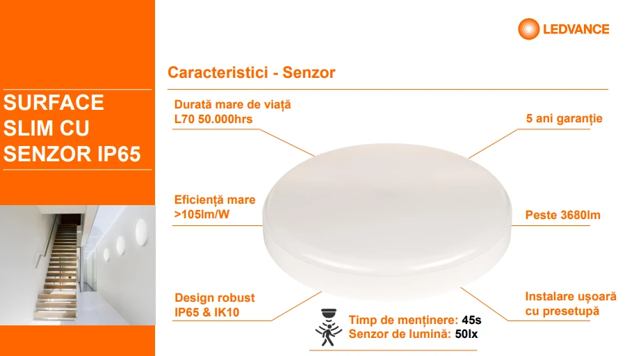 Sieninis šviestuvas Ledvance 19W LED plafonas SLIM, apvalus, baltas, 4000K, IP65, su judesio davikliu