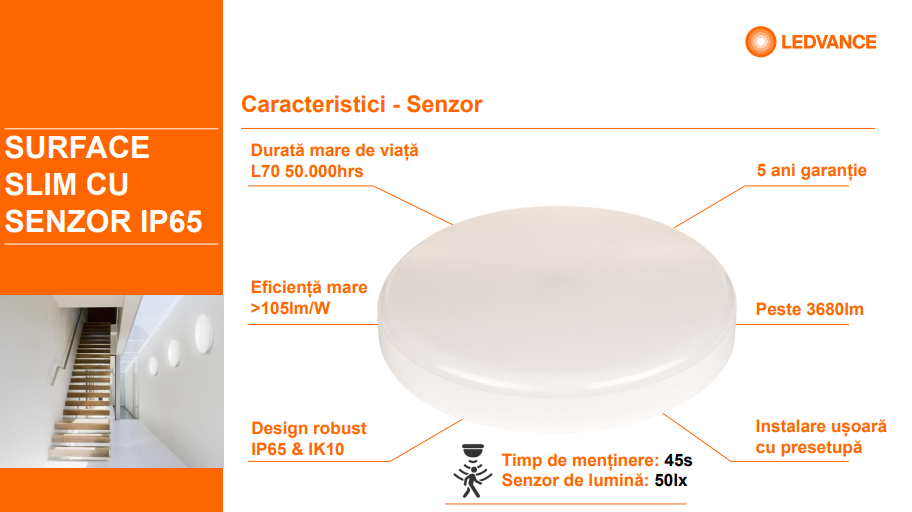 Ledvance 35W LED plafonas SLIM, apvalus, baltas, 4000K, IP65, su judesio davikliu