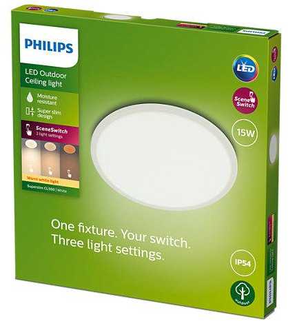 Plafoniera LED pentru exterior Philips SuperSlim, 15W, 1300 lm ,luminacalda (2700K), IP54, 25 cm, Alb