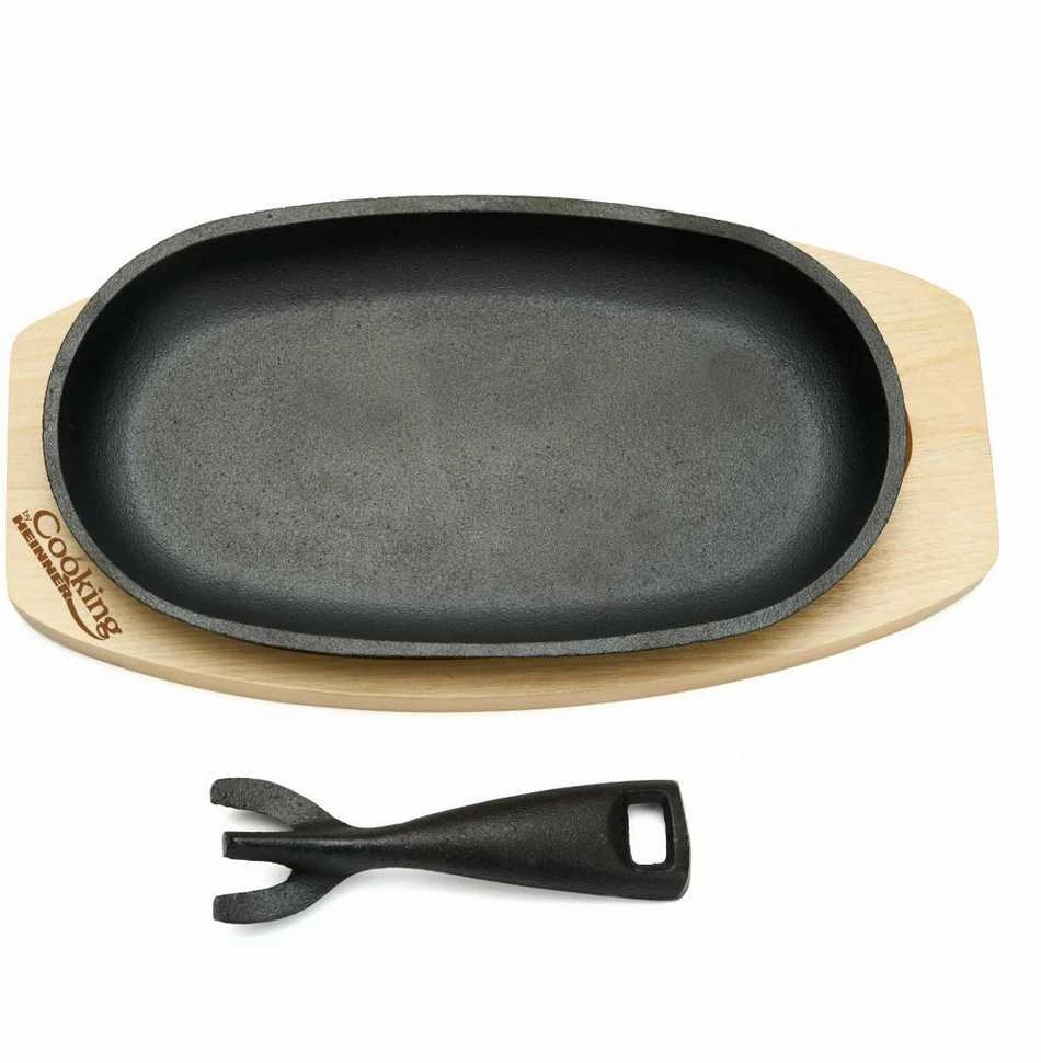 OVALI SERVIRAVIMO LĖKŠTĖ, 24X14 CM, GRYNO KETINIO GELEŽIES, SU NUIMAMOMIS RANKENĖLĖMIS IR MEDININIS PAGRINDU, „COOKING BY HEINNER“