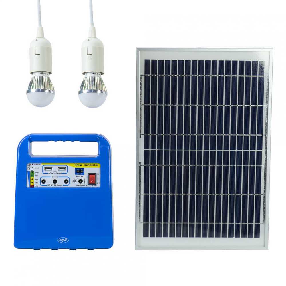 PNI GreenHouse H01 30W saulės fotovoltinė sistema su 12V / 7Ah akumuliatoriumi, USB / radiju / MP3, 2 LED lemputėmis