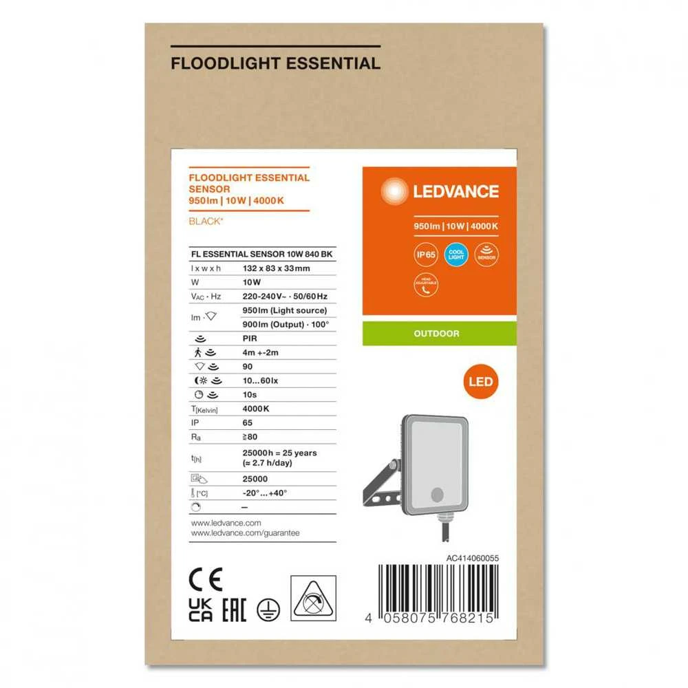 Ledvance 10W LED prožektorius ESSENTIALS, juodas, 4000K, su judesio davikliu