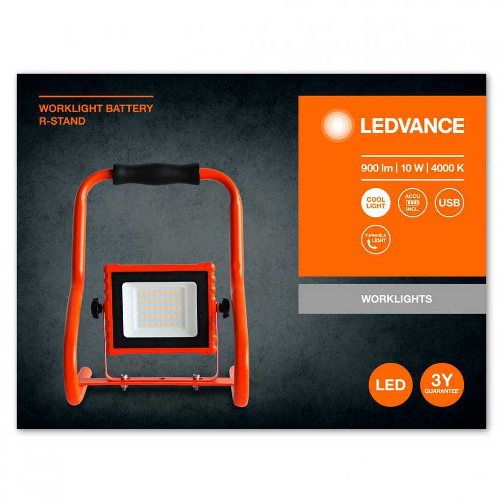 Ledvance 10W LED įkraunamas prožektorius, oranžinės sp., 4000K, IP44, su baterija