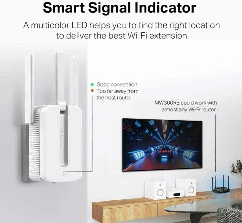 TP-Link „Mercusys“ | „Wi-Fi“ diapazono ilgintuvas | MW300RE | 802.11n | 2,4 GHz | 300 Mbit/s | be PoE | Antenos tipas: 3 išorinės