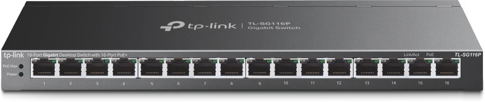 Šakotuvas TP-LINK TL-SG116P 16 prievadų gigabito darbalaukio komutatorius su 16 prievadų PoE+ | TP-LINK | 16 prievadų gigabito darbalaukio komutatorius | TL-SG116P | Nevaldomas | Stalinis