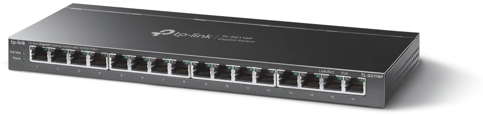 Šakotuvas TP-LINK TL-SG116P 16 prievadų gigabito darbalaukio komutatorius su 16 prievadų PoE+ | TP-LINK | 16 prievadų gigabito darbalaukio komutatorius | TL-SG116P | Nevaldomas | Stalinis
