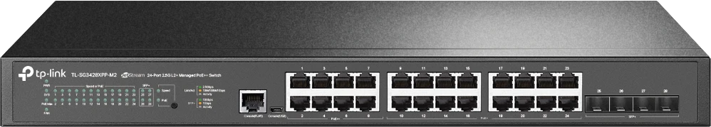 Šakotuvas Port TP-Link Omada 24 prievadų 2.5GBASE-T ir 4 prievadų 10GE SFP+ L2+ valdomas komutatorius su 16 prievadų PoE+ ir 8 prievadų PoE++