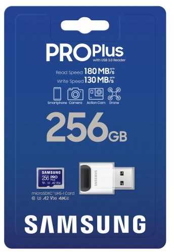 Atminties kortelė SAMSUNG PRO Plus Micro SD 256GB Up to 180MB/s Read and 130MB/s Rašymo greitis with Class 10 4K UHD + Card reader