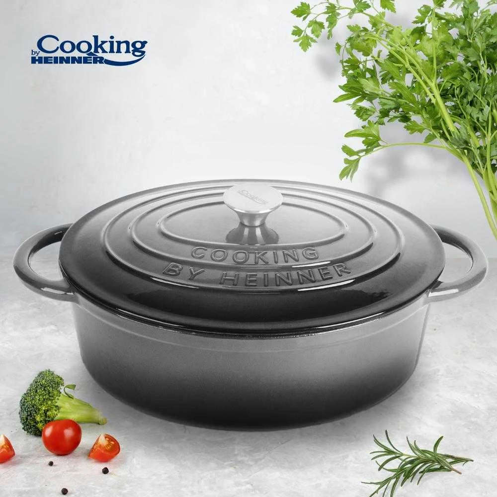 OVALUS EMALIUOTAS KETINIS PUSIAU KIŠENINIS INDAS SU DANGTELIU 37x29x15 cm, 9 l, MARMURO PILKA, „COOKING BY HEINNER“
