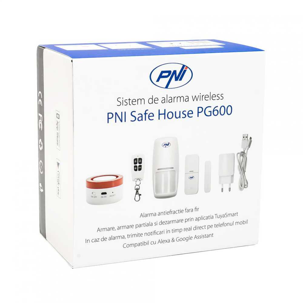 PNI Safe House PG600 belaidė signalizacijos sistema, išmani namų apsaugos sistema, belaidis ryšys, apsaugos nuo įsilaužimo signalizacija, belaidė signalizacija, išmanūs pranešimai per TUYA iOS / Android programėlę, suderinama su Alexa ir Google Assistant