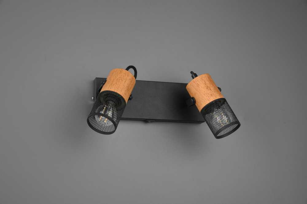 Lubinis šviestuvas Dvigubas prožektorius Trio TOSH, be 2xE14, jungiklis ant laikiklio, pasukami prožektoriai, ↔ 26cm / ↗ 9cm / ↕19.5cm, metalinis, juodas/medinis