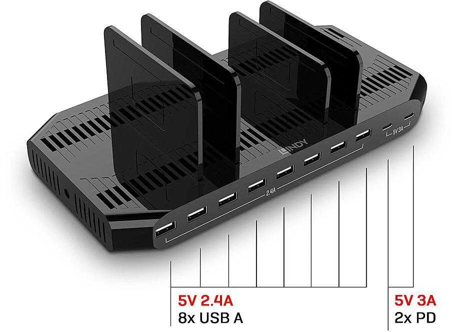 USB Įkrovimo Stotis - LINDY 120W 10 Prievadų Įkrovimo Stotis, 8 x USB Type A, 2 x USB Type C, Juoda