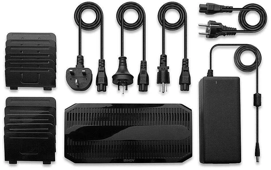 USB Įkrovimo Stotis - LINDY 120W 10 Prievadų Įkrovimo Stotis, 8 x USB Type A, 2 x USB Type C, Juoda