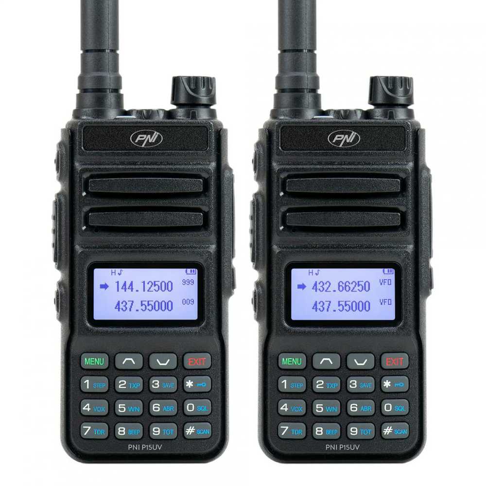 Nešiojama VHF / UHF radijo stotelė PNI P15UV dviejų dažnių, 144-146MHz / 430-440Mhz, 999 kanalų, su 1500 mAh baterija