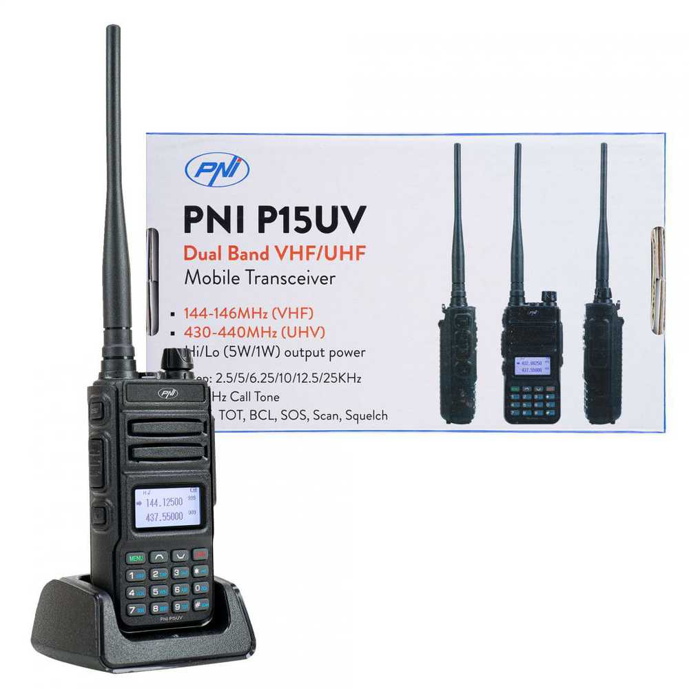 Nešiojama VHF / UHF radijo stotelė PNI P15UV dviejų dažnių, 144-146MHz / 430-440Mhz, 999 kanalų, su 1500 mAh baterija