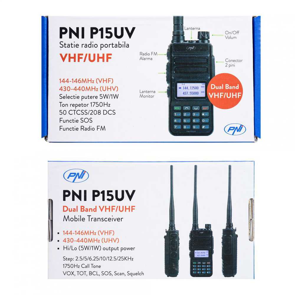 Nešiojama VHF / UHF radijo stotelė PNI P15UV dviejų dažnių, 144-146MHz / 430-440Mhz, 999 kanalų, su 1500 mAh baterija