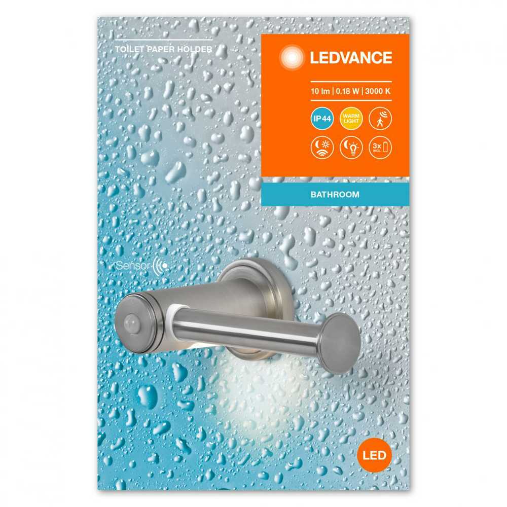 Sieninis šviestuvas Ledvance 0,18W LED tualetinio popieriaus laikiklis su apšvietimu, sidabro sp., 3000K, IP44, su judesio/šviesos jutikliu ir baterija