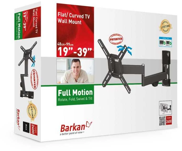 „Barkan“ plokščio/lenkto televizoriaus sieninis laikiklis 2400, pilnai judinamas, 13–39 colių, maksimalus svoris (talpa) 25 kg, Juodas