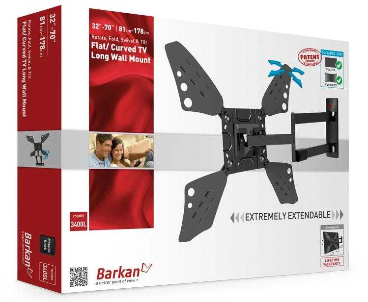 Laikiklis BARKAN 3400LW.W 65" lygiam/lenktam TV, 4 lankstų, sieninis, baltas
