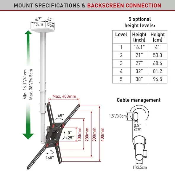 Barkan Flat/ Curved TV Ceiling Mount 3500 Lubinis laikiklis, Full motion, 29-63 ", Maksimalus svoris (talpa) 40 kg, Baltas