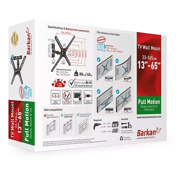 Laikiklis BARKAN BM331 13"-65" TV, 3 lankstų, sieninis, juodas