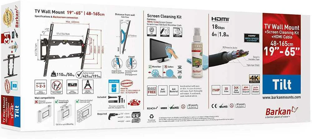 „Barkan 3 in 1 Combo“: plokščias / lenktas televizoriaus laikiklis prie sienos + ekrano valiklis + HDMI laidas CM310+ sieninis laikiklis, pakreiptas, 29–65 colių, maksimalus svoris (talpa) 50 kg, Juodas