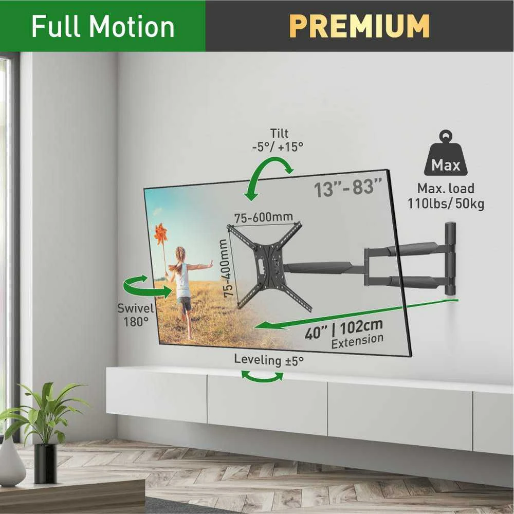 Laikiklis BARKAN BM443XL 13"-83" TV, 4 lankstų, sieninis, juodas, labai ilgas