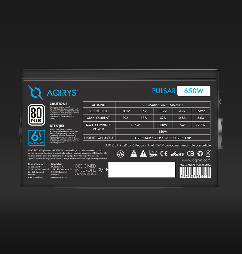 Maitinimo šaltinis AQIRYS PULSAR 650 W (AQI-GA-PS-5)
