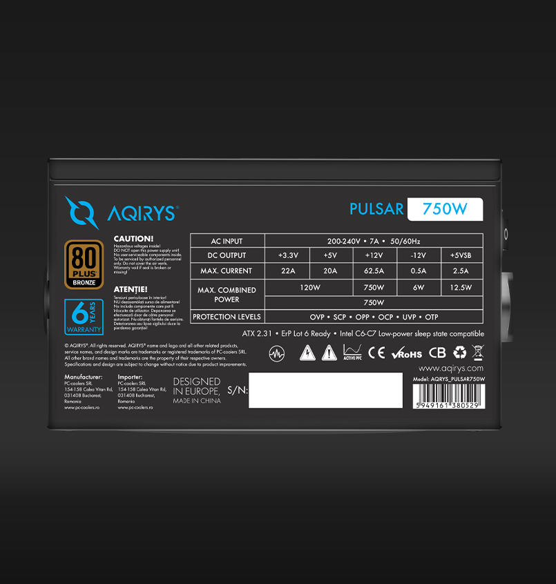 Maitinimo šaltinis AQIRYS PULSAR 750 W (AQI-GA-PS-6)