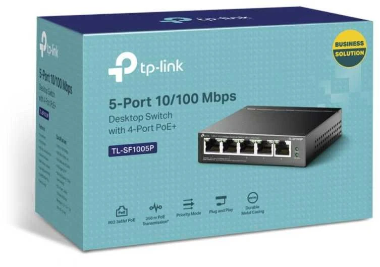 Šakotuvas TP-LINK 5 prievadų 10/100Mbps stalinis komutatorius su 4 prievadų PoE, 5 10/100Mbps RJ45 jungtimis, įskaitant 4 PoE jungtis, 58 W PoE maitinimo šaltinį, plienas