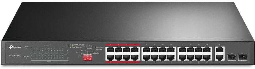 TP-LINK 26 prievadų 10/100Mbps PoE+ jungiklis 24 10/100Mbps PoE+ prievadai 2 Gigabit RJ45 prievadai 2 Combo SFP lizdai 802.3at/af 250W PoE
