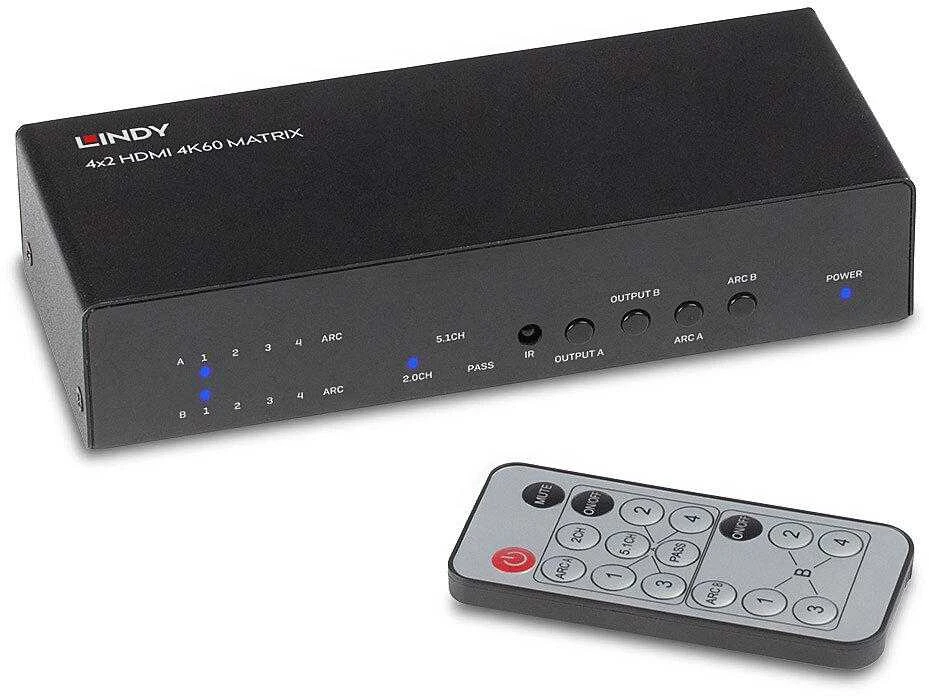 AV Jungiklis - LINDY 4x2 HDMI 4K60 Matrix su EDID Valdymu ir Dvigubas Garso Išgavimas