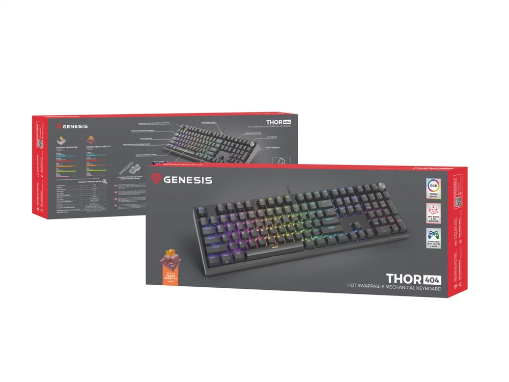 Klaviatūra žaidimams Genesis Thor 404 TKL Outemu Silent Peach su laidu mechaninė su pašvietimu juoda
