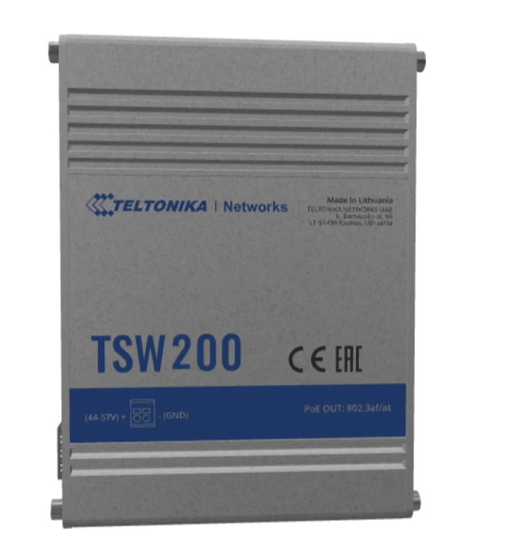 Teltonika | Ethernet komutatorius | TSW200 | Nevaldomas | Stalinis | Gigabito Ethernet (varinis) jungčių kiekis: 8 | 10 Gbps (RJ-45) jungčių kiekis: 0 | SFP jungčių kiekis: 2 | SFP+ jungčių kiekis: 0 | Combo jungčių kiekis: 0 | Maitinimo per Ethernet (PoE) jungčių kiekis: 8 | Maitinimo šaltinio tipas: Apsaugos klasė: IP30 | 24 mėn.