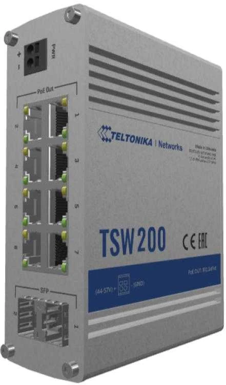 Teltonika | Ethernet komutatorius | TSW200 | Nevaldomas | Stalinis | Gigabito Ethernet (varinis) jungčių kiekis: 8 | 10 Gbps (RJ-45) jungčių kiekis: 0 | SFP jungčių kiekis: 2 | SFP+ jungčių kiekis: 0 | Combo jungčių kiekis: 0 | Maitinimo per Ethernet (PoE) jungčių kiekis: 8 | Maitinimo šaltinio tipas: Apsaugos klasė: IP30 | 24 mėn.
