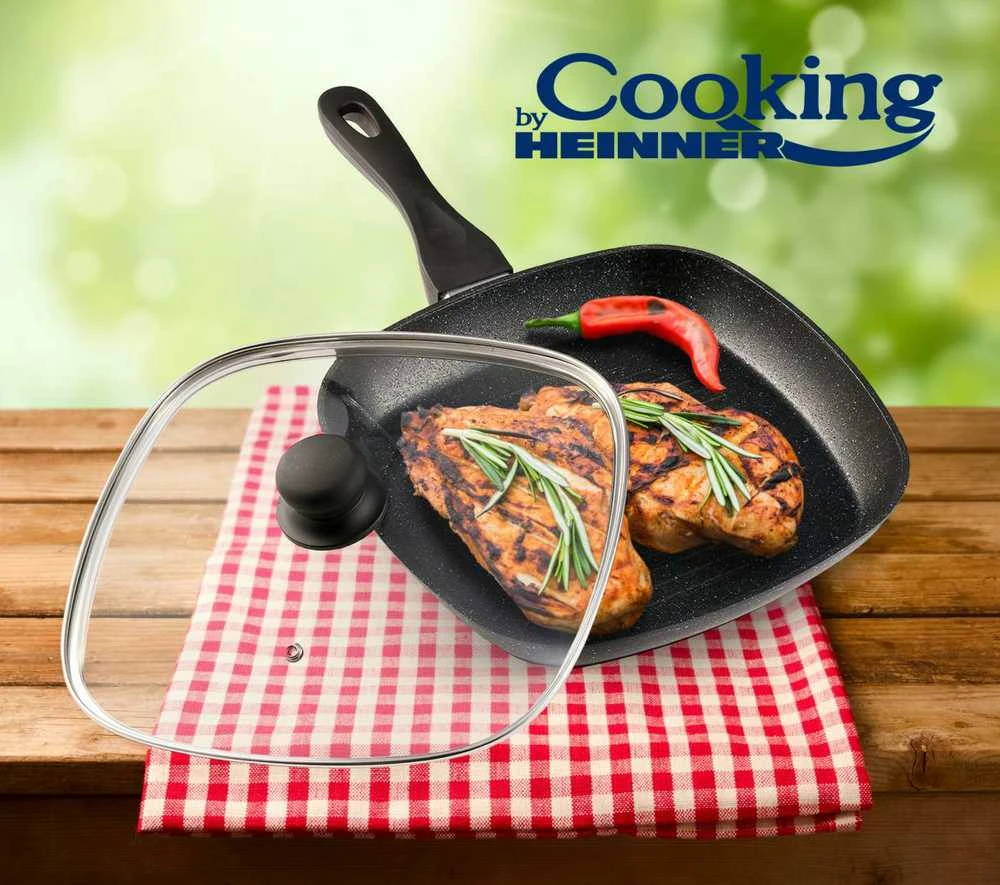 ALIUMINIO GRILINIS PUODAS SU DANGTELIU, 28X4CM, JUODO SMĖLIO, „COOKING BY HEINNER“