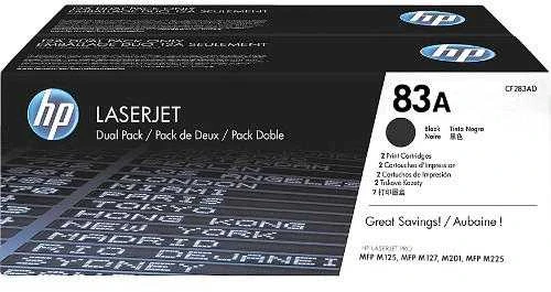 Hewlett Packard (HP) HP 83A 2-pack juodas dažų kasetė, skirta LaserJet M201, M125, M127, M225 (1 500 puslapių)