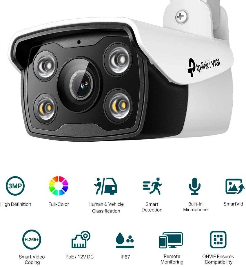 TP-LINK | VIGI 3MP lauko spalvota cilindrinė tinklo kamera | VIGI C330 | Kulka | 3 MP | 4 mm | Maitinimas per Ethernet (PoE) | IP67 | H.265+/H.265/H.264+/H.264 | Netaikoma