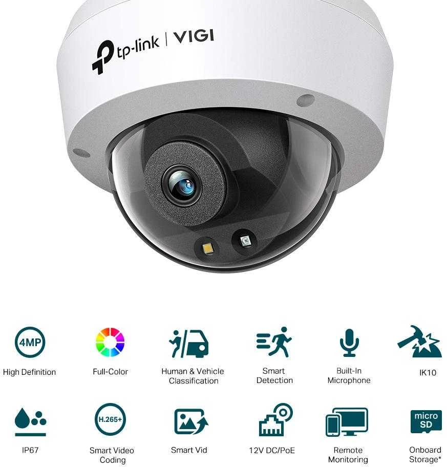 TP-LINK | Spalvota kupolinė tinklo kamera | VIGI C240 | Kupolinė | 4 MP | 2,8 mm | IP67, IK10 | H.265+/H.265/H.264+/H.264 | „MicroSD“, maks. 256 GB
