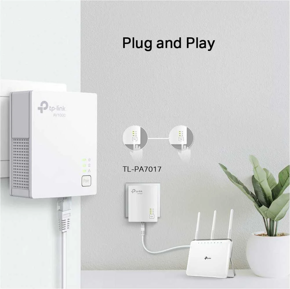 TP-LINK | Gigabit Powerline Starter Kit | TL-PA7017 RINKINYS | 10/100/1000 Mbit/s | Ethernet LAN (RJ-45) jungtys 1 | Nėra „Wi-Fi“ | Duomenų perdavimo sparta (maks.) 1000 Mbit/s | Papildomas lizdas