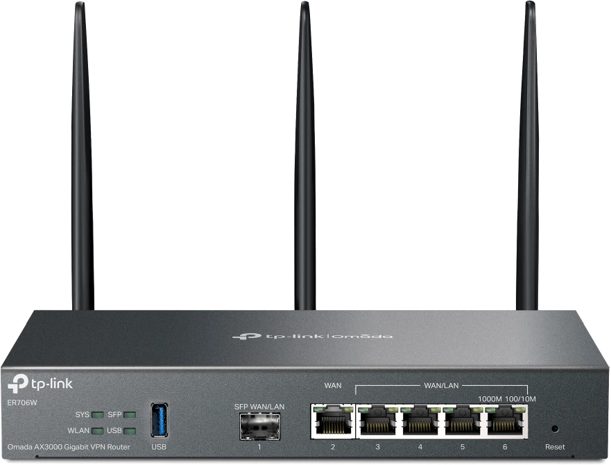 TP-LINK | „SafeStream“ gigabito „Multi-WAN VPN“ maršrutizatorius | ER706W | 802.1q | Ethernet LAN (RJ-45) jungtys 1× gigabito SFP WAN prievadas, 1× gigabito RJ45 WAN prievadas, 2x gigabito RJ45 LAN prievadai 2× gigabito WAN/LAN RJ45 prievadai | Tinklo palaikymas: Taip | MU-MiMO: Taip | 3G/4G per pasirenkamą USB adapterį | 60 mėn.