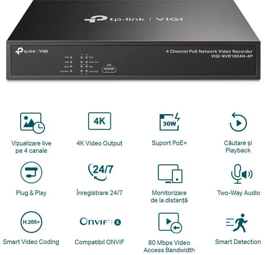 TP-LINK | PoE+ tinklo vaizdo įrašymo įrenginys | VIGI NVR1004H-4P | 1 | 4 kanalas